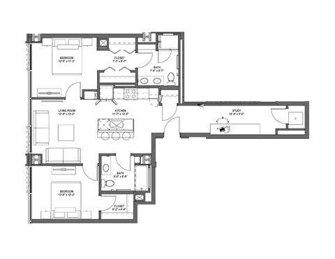 Floor plan for 2 beds, 2 baths, 1094 sqft